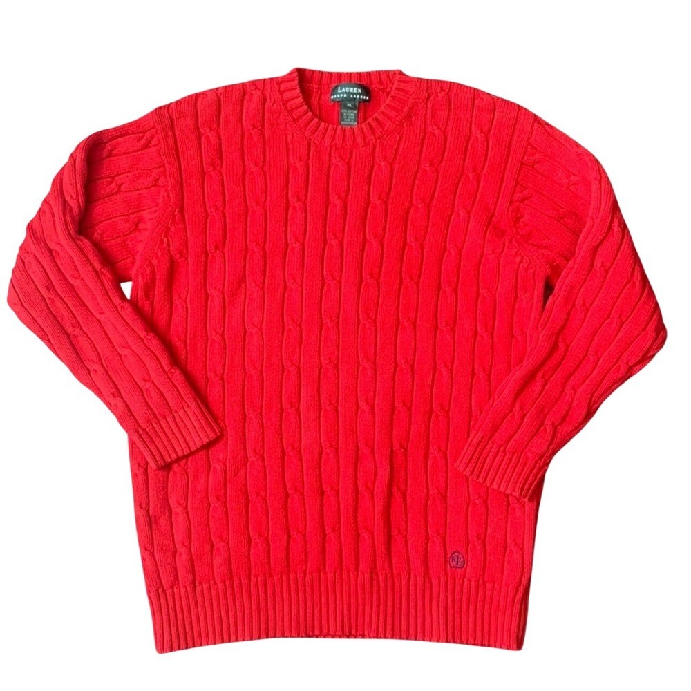Lauren Ralph Lauren Sweater Mens Medium Red Cable Knit Cotton Crew Neck RLL Logo